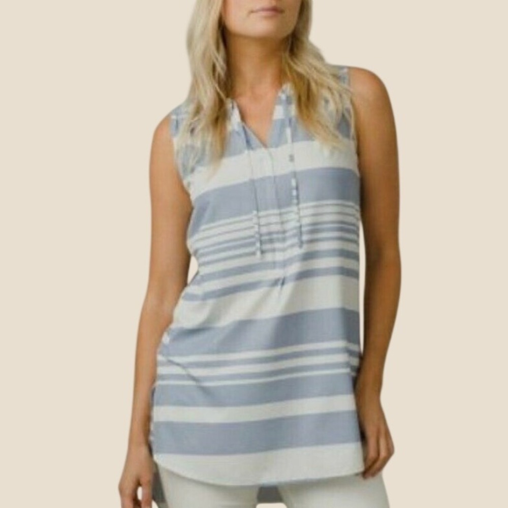 Prana Womens Blue White Striped Sleeveless with Pockets Tunic Top Size M